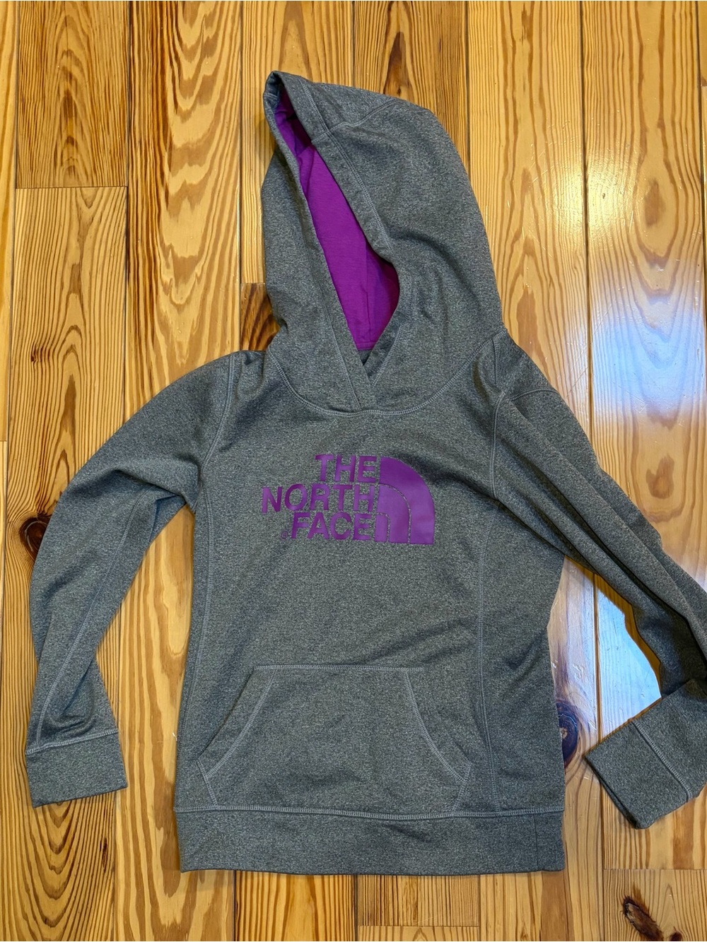 The North Face Heather Gray Hoodie with Purple Lining